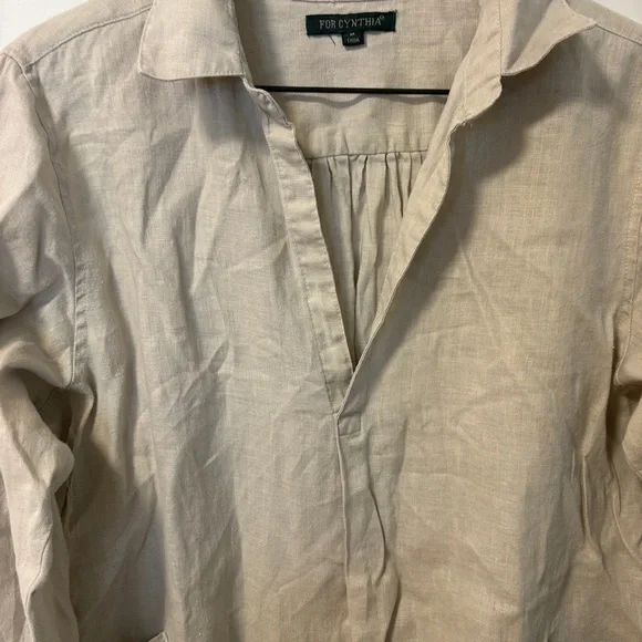 For Cynthia Linen Shirt Dress Top Womens M Beige Lagenlook Tunic Artsy Vacation - Picture 9 of 13